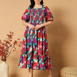 Femvy Floral Printed Smocked Crepe Fit & Flare Dress-image-75