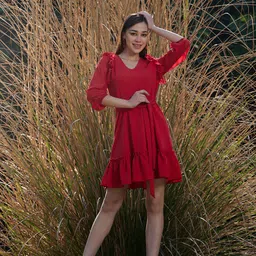 Athena Scuba V-Neck Puff Sleeves Ruffle A-Line Dress-image-86