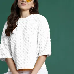 Women Self Design Round Neck Wool Blend White T-Shirt-image-40