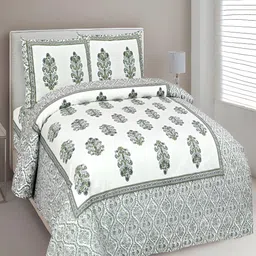 JAIPUR FABRIC White & Green Floral Pure Cotton 210 TC King Bedsheet With 2 Pillow Covers-22
