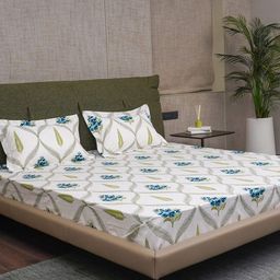 URBAN SPACE Blue & White Floral Printed Cotton 200 TC King Bedsheet With 2 Pillow Covers-image-86
