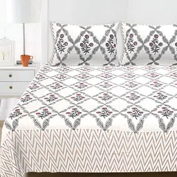 SARYU HOMES White Floral Block Printed  210 TC Pure Cotton King Bedsheet & 2 Pillow Covers-17