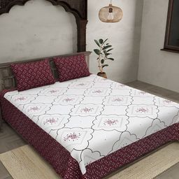 JAIPUR FABRIC White & Maroon Ethnic Motifs 260 TC King Bedsheet with 2 Pillow Covers-image-22