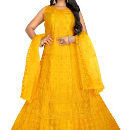 Embroidered Net Semi Stitched Straight Gown-image-30