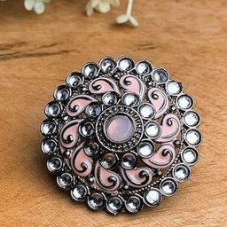 I Jewels Nude Pink & Silver-Toned Oxidised Rhodium Plated Meenakari Kundan Finger Ring-image-72
