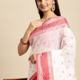 DESH BIDESH White & Red Ethnic Motifs Pure Cotton Taant Saree-picture-39