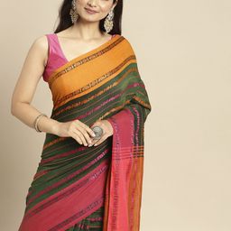 DESH BIDESH Green & Pink Woven Design Pure Cotton Taant Saree-image-10