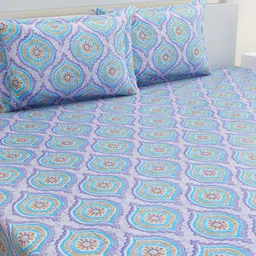 HOME AFFAIRS Blue & Lavender Pure Cotton 144 TC Queen Bedsheet with 2 Pillow Covers-image-96