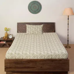 Fabindia Grey & Green Floral 124 TC Standalone Single Bedsheet with 1 Pillow Cover-image-33