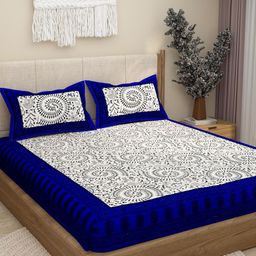 Lali Prints Jaipuri Blue Printed Cotton 130 TC Queen Bedsheet with 2 Pillow Covers-image-28