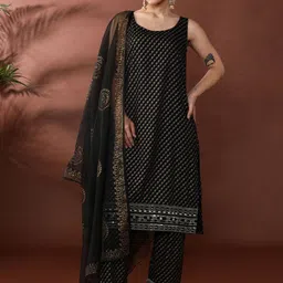 Anouk Floral Embroidered Round Neck Thread Work Straight Kurta With Trousers & Dupatta-49