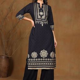 Juniper Ethnic Motifs Woven Design Mandarin Collar Liva Straight Kurta-image-27