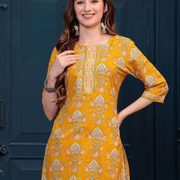 VICITRA Women Floral Printed Boat Neck Pure Cotton Kurti-image-4