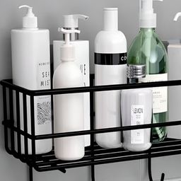 upkaranwale Black Shelf With 4Hooks Wall Mount Bathroom Caddy-36