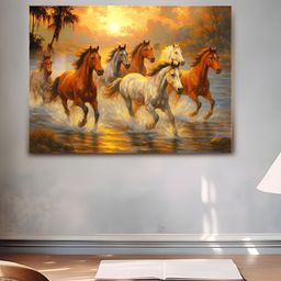 Myntra Elegant Homes Orange & White Seven Running Horses Canvas Wall Art-image-78