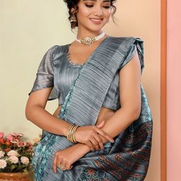 KALINI Floral Printed Bagru Saree With Tassels-image-7