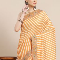 Anouk Mustard Yellow & Cream-Coloured Leheriya Saree-image-34