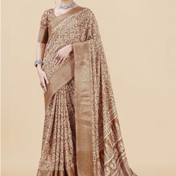 MIRCHI FASHION Brown & White Ethnic Motifs Printed Zari Silk Blend Saree-image-90