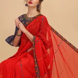 Sangria Red & Blue Embroidered Silk Blend Saree-picture-4