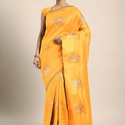 KALINI Yellow Ethnic Motifs Embroidered Silk Blend Saree-image-98