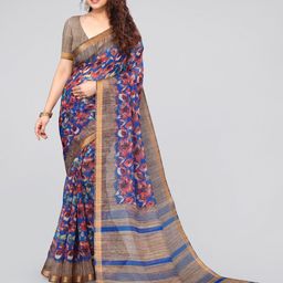 MIRCHI FASHION Blue & Pink Floral Printed Zari Saree-35