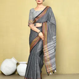 elora Striped Border Pure Linen Saree-image-59
