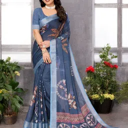 The Textile Hub Floral Printed Zari Pure Linen Saree-image-68