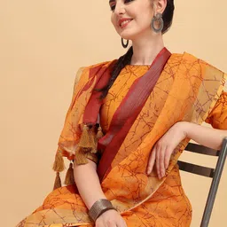 Sangria Mustard Orange & Red Tie and Dye Pure Linen Saree-21