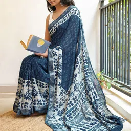 TEEJH Dabu Linen Blend Block Print Saree-image-7