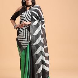Sangria Black & Green Striped Pure Linen Saree-picture-47