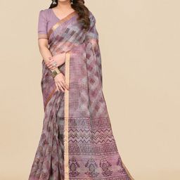 MIRCHI FASHION Grey & Gold-Toned Geometric Printed Zari Block Print Saree-picture-8