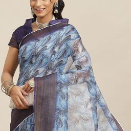 Mitera Blue & White Floral Linen Blend Block Print Saree-18