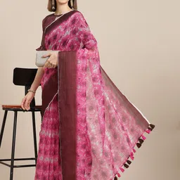 Mitera Pink & Brown Floral Linen Blend Block Print Saree-image-52