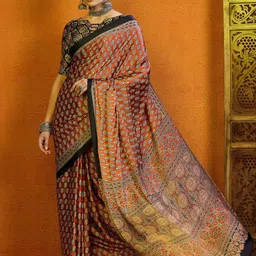 Mitera Ethnic Motifs Satin Block Print Saree-10