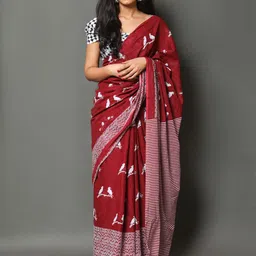 JAIPURI PRINT Kalamkari Pure Cotton Block Print Saree-0