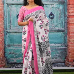 JALTHER Geometric Block Print Jaipuri Pure Cotton Mulmul Saree-8