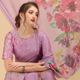 Sangria Lavender & Green Floral Striped Zari Satin Saree-picture-36