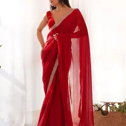 Mitera Red Embellished Beads and Stones Satin Saree-image-0