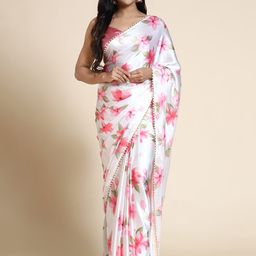 AVANSHEE Peach-Coloured & Off White Printed Floral Satin Saree-23