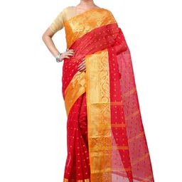PuJoy Ethnic Motifs Woven Design Zari Pure Cotton Handloom Taant Saree-picture-9