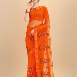 ALAGINI Floral Embroidered Net Mangalagiri Saree-image-73