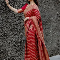 BerMondsey Ethnic Motif Zari Woven Striped Banarasi Saree-image-79