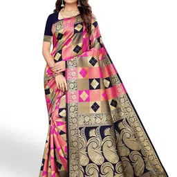 Anouk Pink & Navy Blue Ethnic Motifs Woven Design Zari Banarasi Saree-43