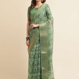 Mitera Green & Gold-Toned Printed Zari Silk Cotton Banarasi Saree-image-13