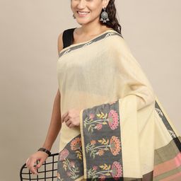 Leeza Store Beige & Black Ethnic Motifs Zari Kasavu Saree-image-84