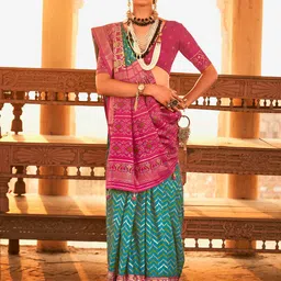 Anouk Blue & Gold-Toned Woven Design Zari Patola Saree-picture-11