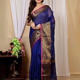 PuJoy Paisley Zari Pure Cotton Handloom Taant Saree-picture-12