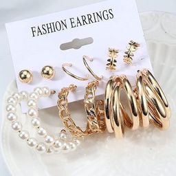 PolluxCraft Set Of 6 Korean Gold-Plated Pearls Beaded Contemporary Half Hoop Earrings-8