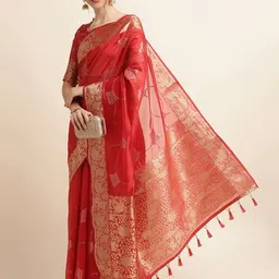 Mitera Red Ethnic Motifs Woven Design Zari Pure Silk Saree-picture-20