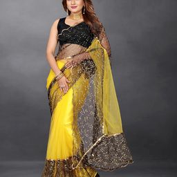 BARKIYA CREATION Floral Embroidered Embellished Net Saree-image-36